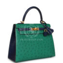 Hermes Special Order (HSS) Kelly Sellier 25 Vert Vertigo and Bleu Iris Ostrich Brushed GHW