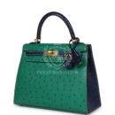 Hermes Special Order (HSS) Kelly Sellier 25 Vert Vertigo and Bleu Iris Ostrich Brushed GHW