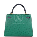 Hermes Special Order (HSS) Kelly Sellier 25 Vert Vertigo and Bleu Iris Ostrich Brushed GHW