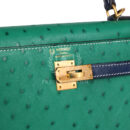 Hermes Special Order (HSS) Kelly Sellier 25 Vert Vertigo and Bleu Iris Ostrich Brushed GHW