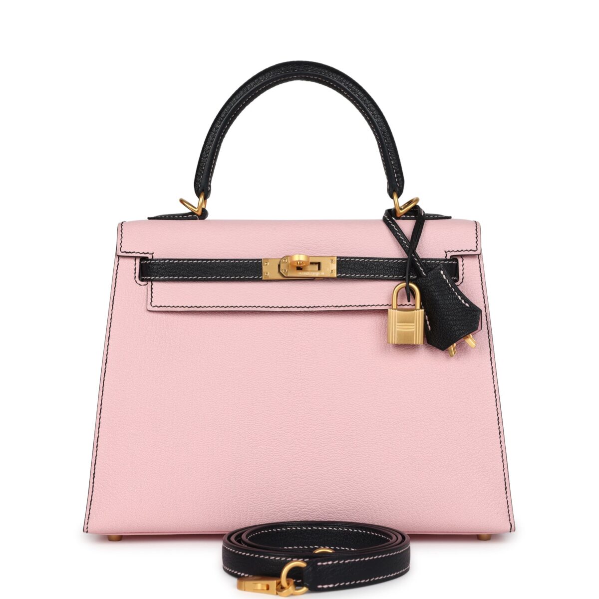 Hermes Special Order (HSS) Kelly Sellier 25 Rose Sakura and Black Chevre Mysore Brushed GHW