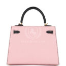 Hermes Special Order (HSS) Kelly Sellier 25 Rose Sakura and Black Chevre Mysore Brushed GHW