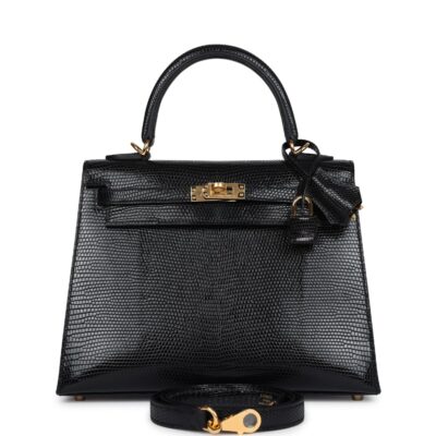 Hermes Kelly Sellier 25 Black Varanus Niloticus Lizard GHW