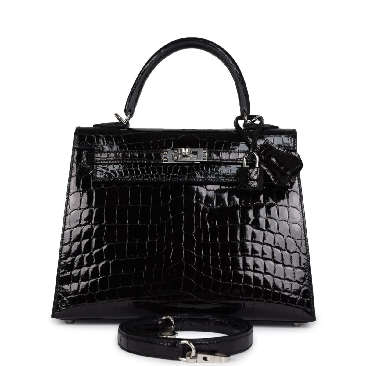 Hermes Kelly Sellier 25 Black Shiny Niloticus Crocodile PHW