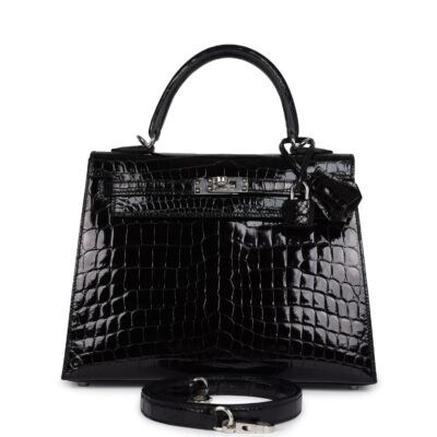 Hermes Kelly Sellier 25 Black Shiny Niloticus Crocodile PHW