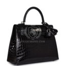 Hermes Kelly Sellier 25 Black Shiny Niloticus Crocodile PHW