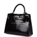 Hermes Kelly Sellier 25 Black Shiny Niloticus Crocodile PHW