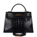 Vintage Hermes Kelly Sellier 32 Black Shiny Alligator GHW