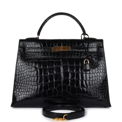 Vintage Hermes Kelly Sellier 32 Black Shiny Alligator GHW
