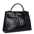 Vintage Hermes Kelly Sellier 32 Black Shiny Alligator GHW