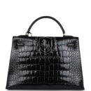 Vintage Hermes Kelly Sellier 32 Black Shiny Alligator GHW
