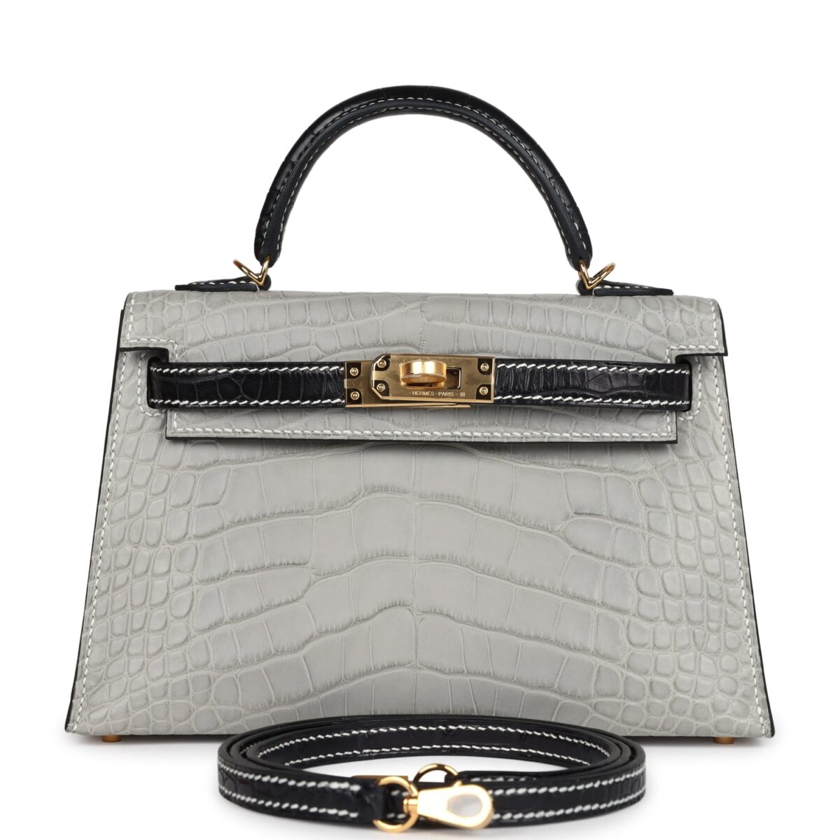 Hermes Special Order (HSS) Kelly Sellier 20 Gris Perle and Black Matte Alligator GHW