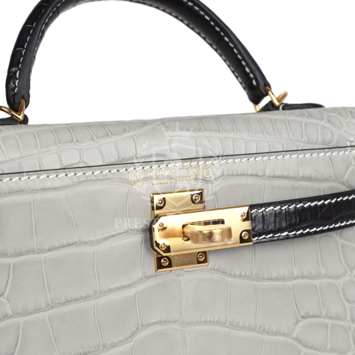 Hermes Special Order (HSS) Kelly Sellier 20 Gris Perle and Black Matte Alligator GHW — изображение 7