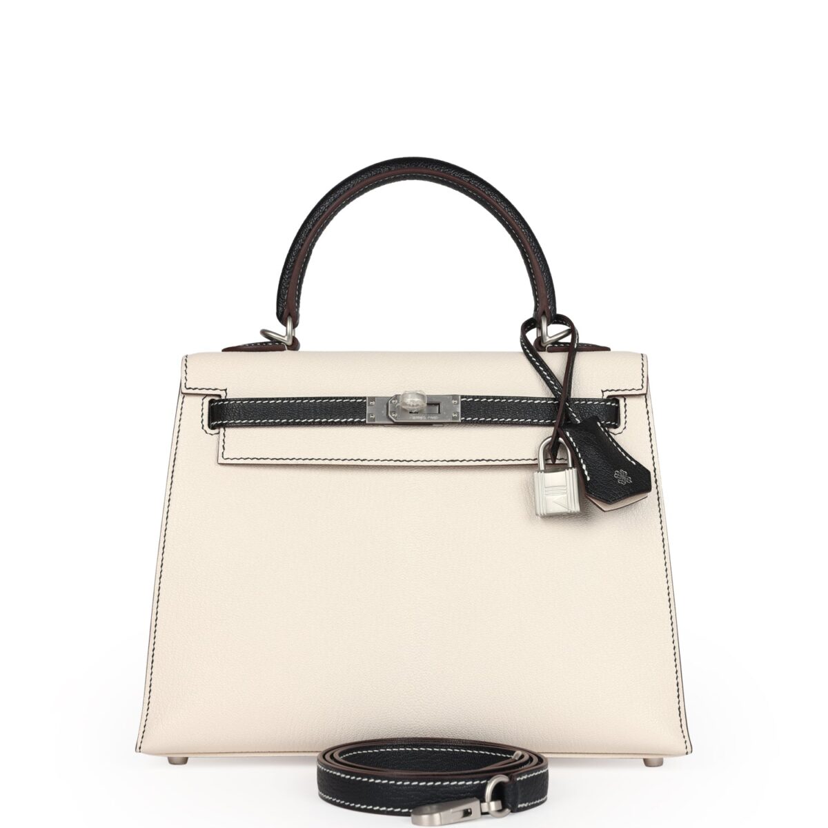 Hermes Special Order (HSS) Kelly Sellier 25 Nata and Black Chevre Mysore Brushed PHW