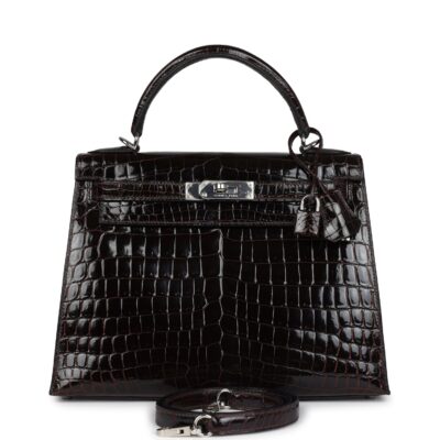 Vintage Hermes Kelly Sellier 28 Cocoan Shiny Niloticus Crocodile PHW