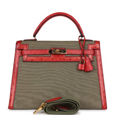 Vintage Hermes Kelly Sellier 32 Rouge Vif Ostrich and Vert Olive Officier Canvas GHW