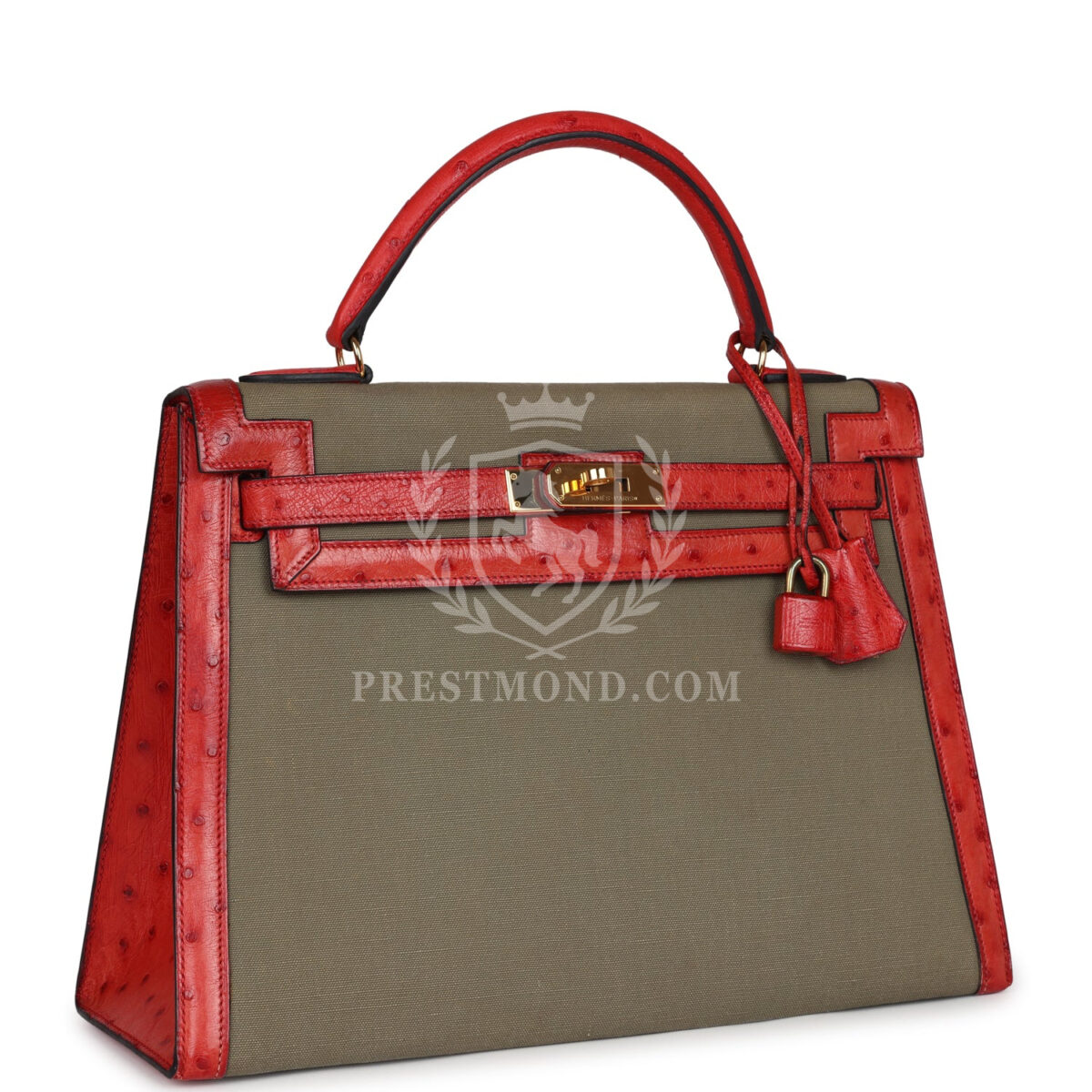 Vintage Hermes Kelly Sellier 32 Rouge Vif Ostrich and Vert Olive Officier Canvas GHW — изображение 2