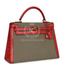 Vintage Hermes Kelly Sellier 32 Rouge Vif Ostrich and Vert Olive Officier Canvas GHW