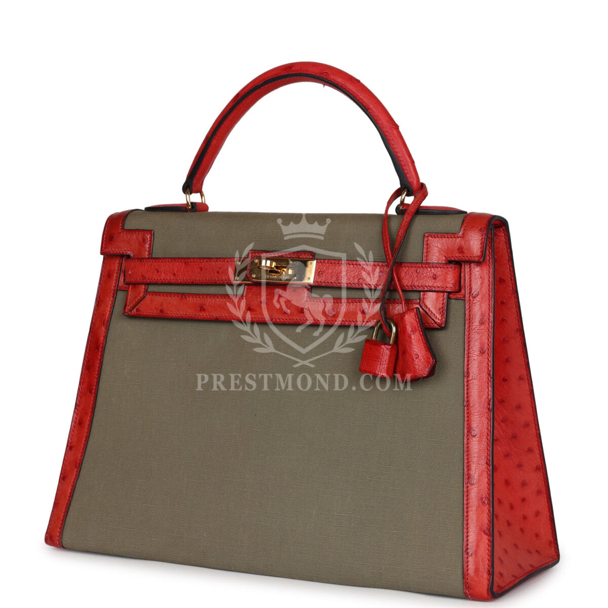 Vintage Hermes Kelly Sellier 32 Rouge Vif Ostrich and Vert Olive Officier Canvas GHW — изображение 5