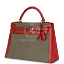Vintage Hermes Kelly Sellier 32 Rouge Vif Ostrich and Vert Olive Officier Canvas GHW
