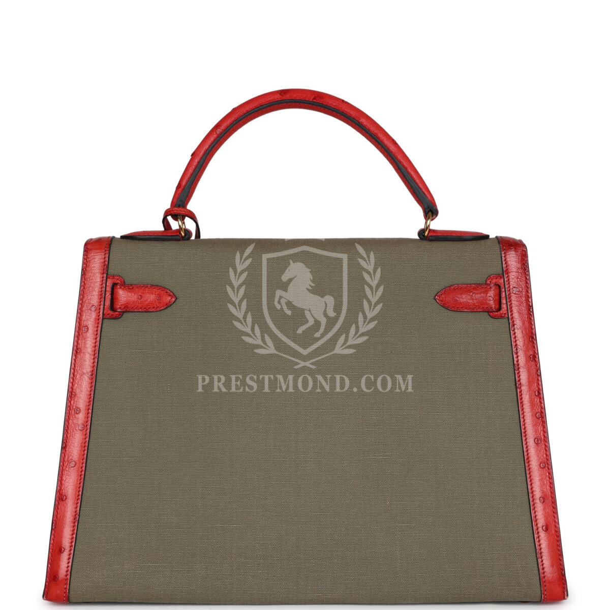 Vintage Hermes Kelly Sellier 32 Rouge Vif Ostrich and Vert Olive Officier Canvas GHW — изображение 4