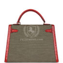 Vintage Hermes Kelly Sellier 32 Rouge Vif Ostrich and Vert Olive Officier Canvas GHW