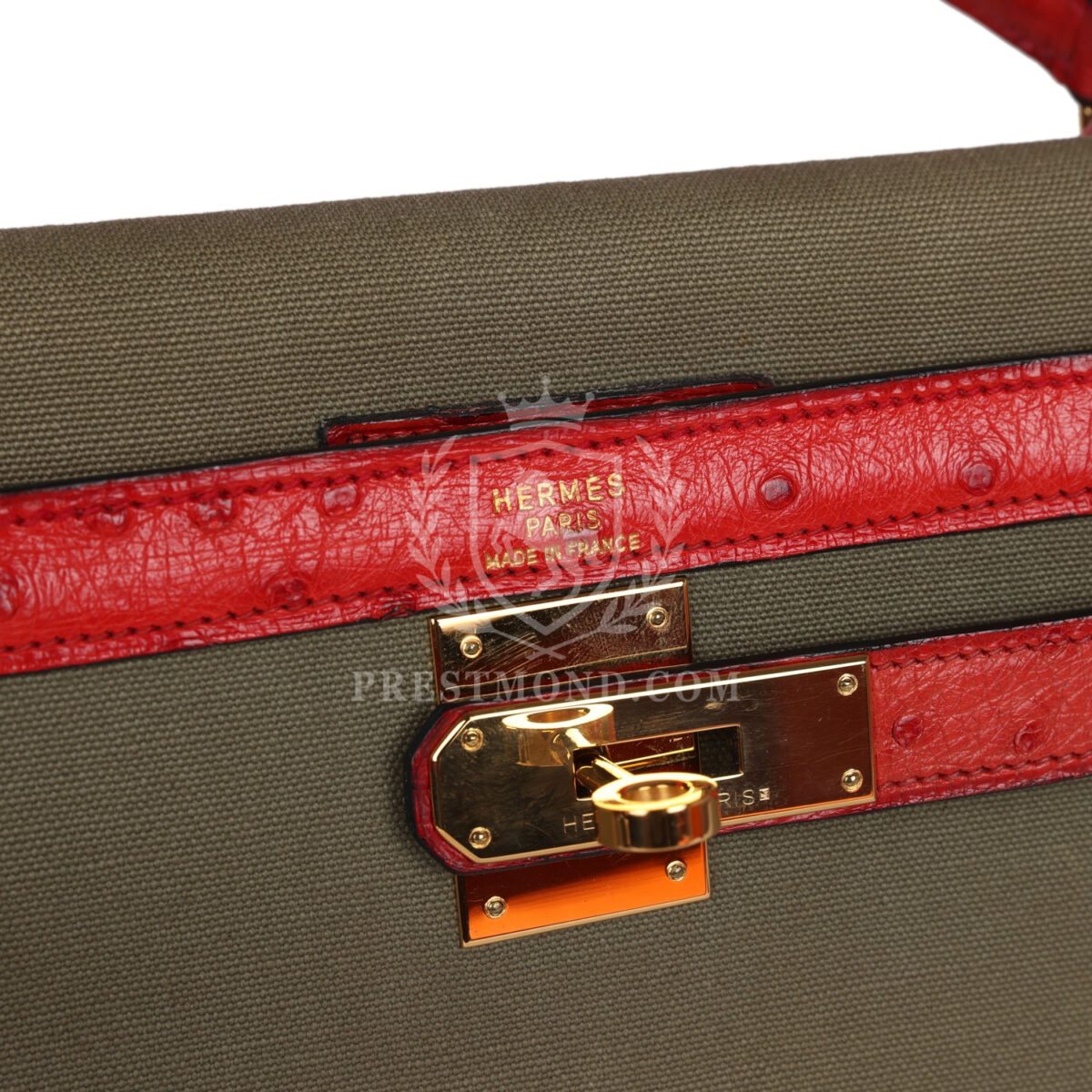 Vintage Hermes Kelly Sellier 32 Rouge Vif Ostrich and Vert Olive Officier Canvas GHW — изображение 7