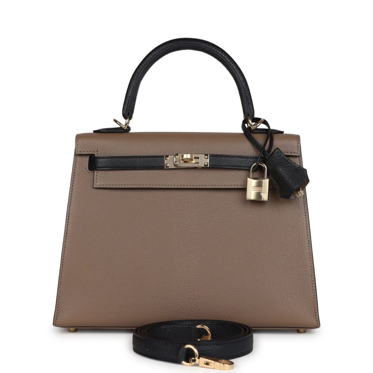 Hermes Special Order (HSS) Kelly Sellier 25 Black and Etoupe Chevre Mysore PBHW