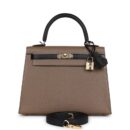 Hermes Special Order (HSS) Kelly Sellier 25 Black and Etoupe Chevre Mysore PBHW