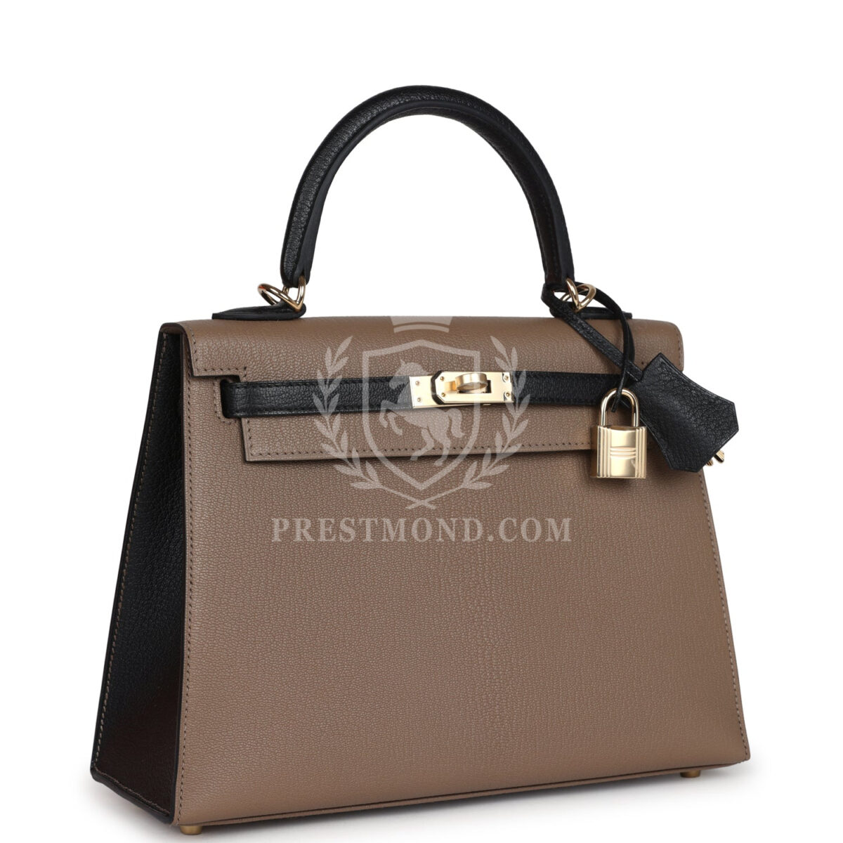 Hermes Special Order (HSS) Kelly Sellier 25 Black and Etoupe Chevre Mysore PBHW — изображение 2