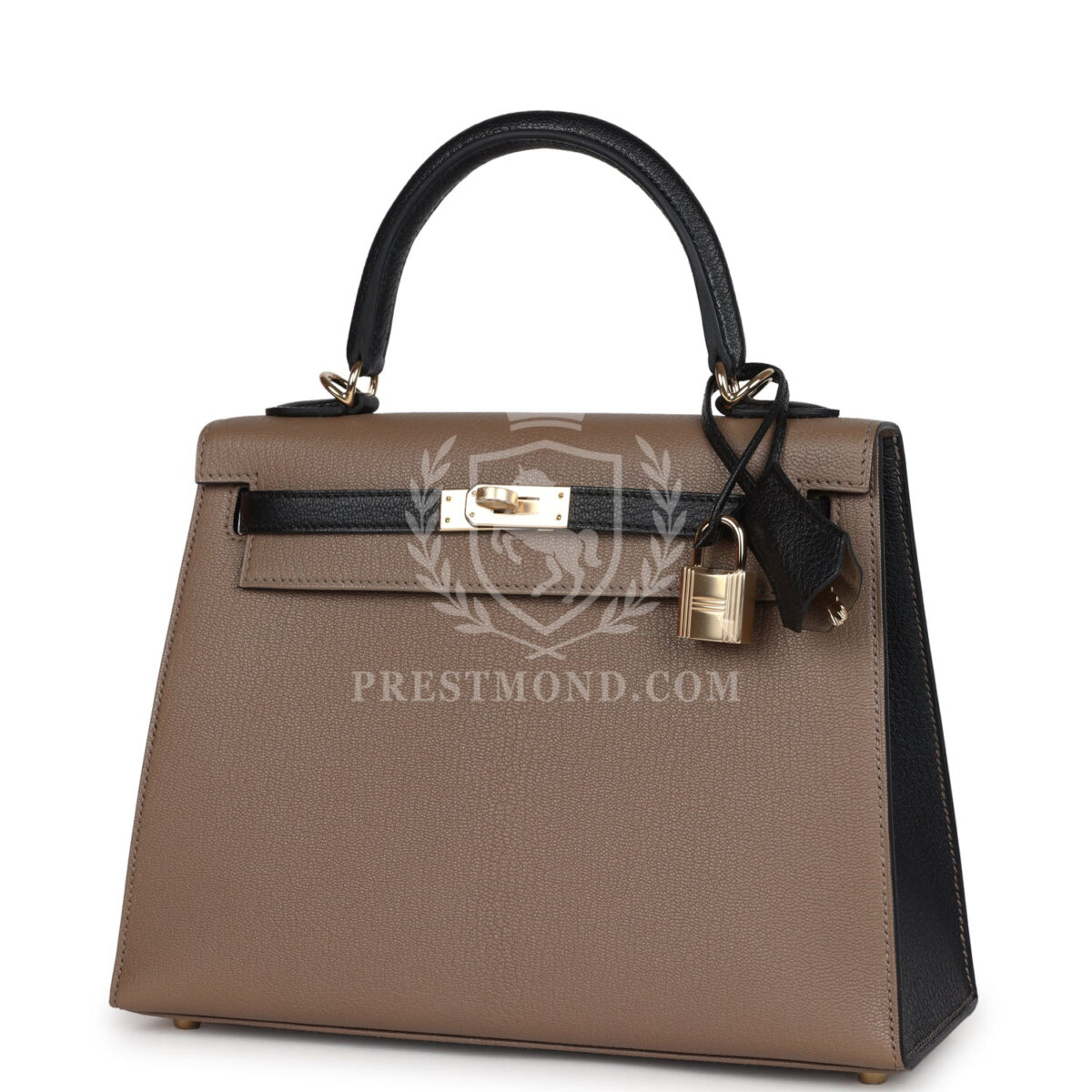 Hermes Special Order (HSS) Kelly Sellier 25 Black and Etoupe Chevre Mysore PBHW — изображение 5