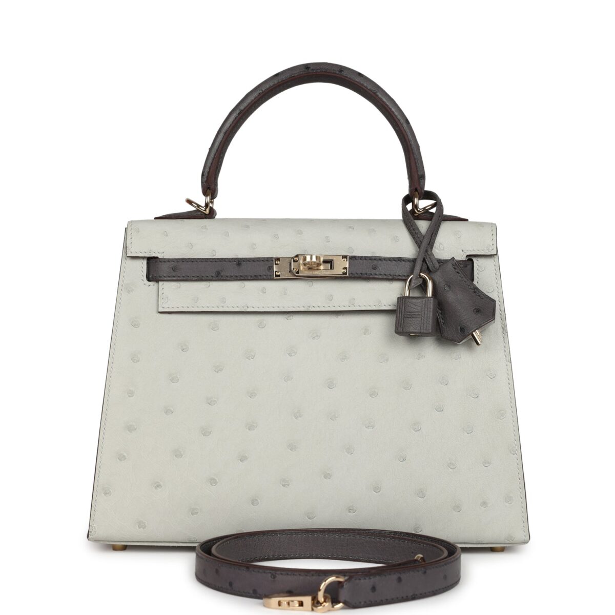 Hermes Special Order (HSS) Kelly Sellier 25 Gris Perle and Graphite Ostrich PBHW