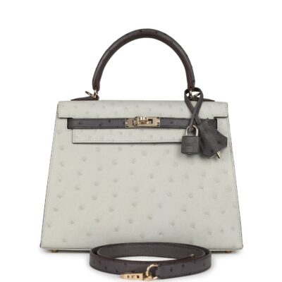 Hermes Special Order (HSS) Kelly Sellier 25 Gris Perle and Graphite Ostrich PBHW