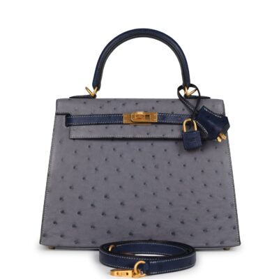 Hermes Special Order (HSS) Kelly Sellier 25 Gris Agate and Bleu Iris Ostrich Brushed GHW