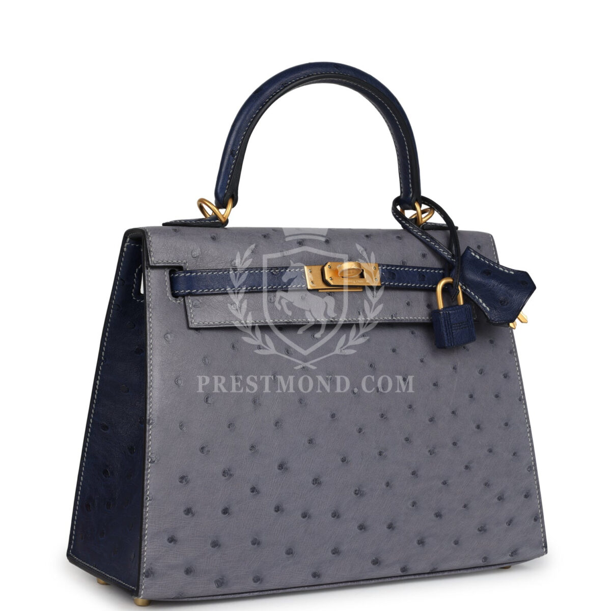 Hermes Special Order (HSS) Kelly Sellier 25 Gris Agate and Bleu Iris Ostrich Brushed GHW — изображение 2