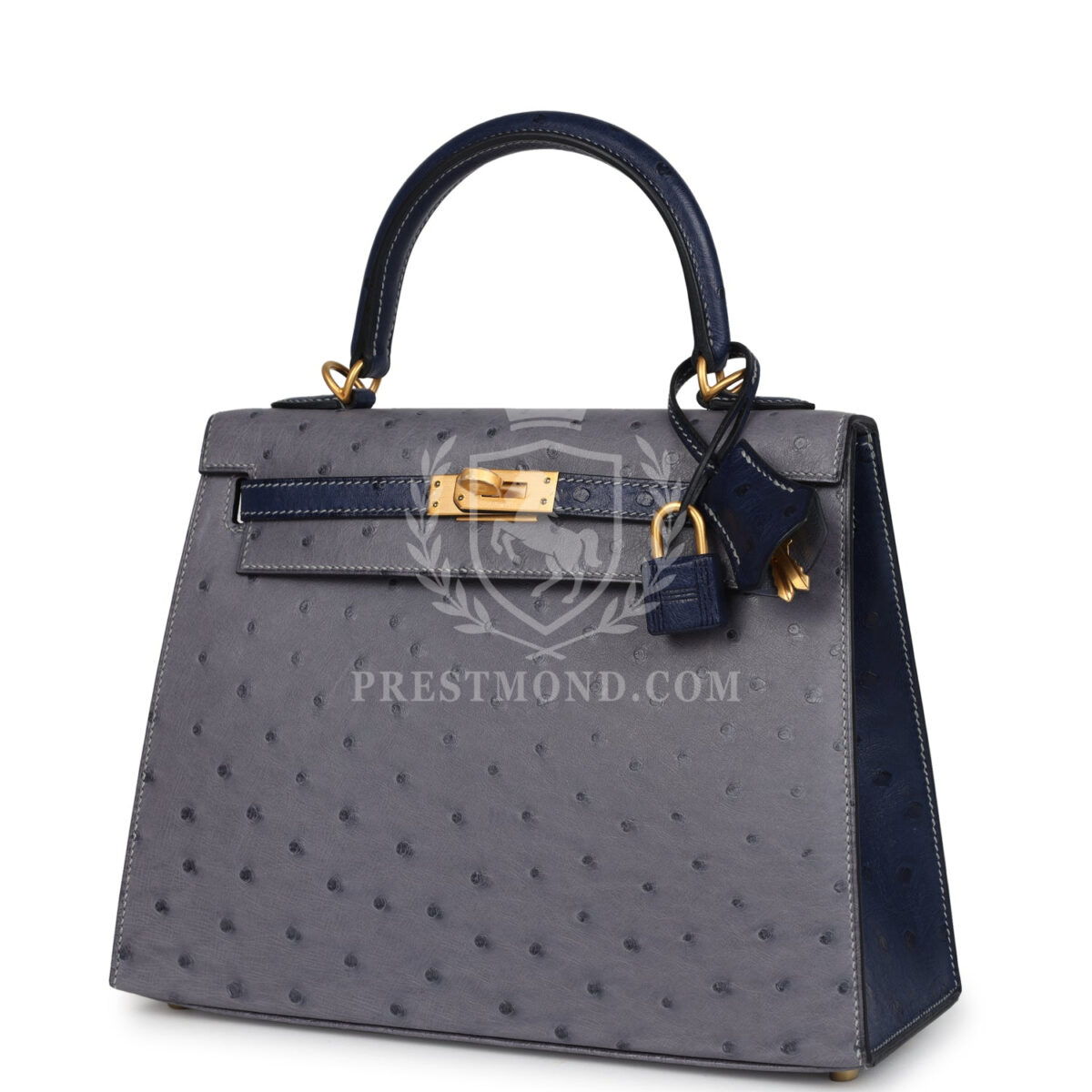 Hermes Special Order (HSS) Kelly Sellier 25 Gris Agate and Bleu Iris Ostrich Brushed GHW — изображение 5