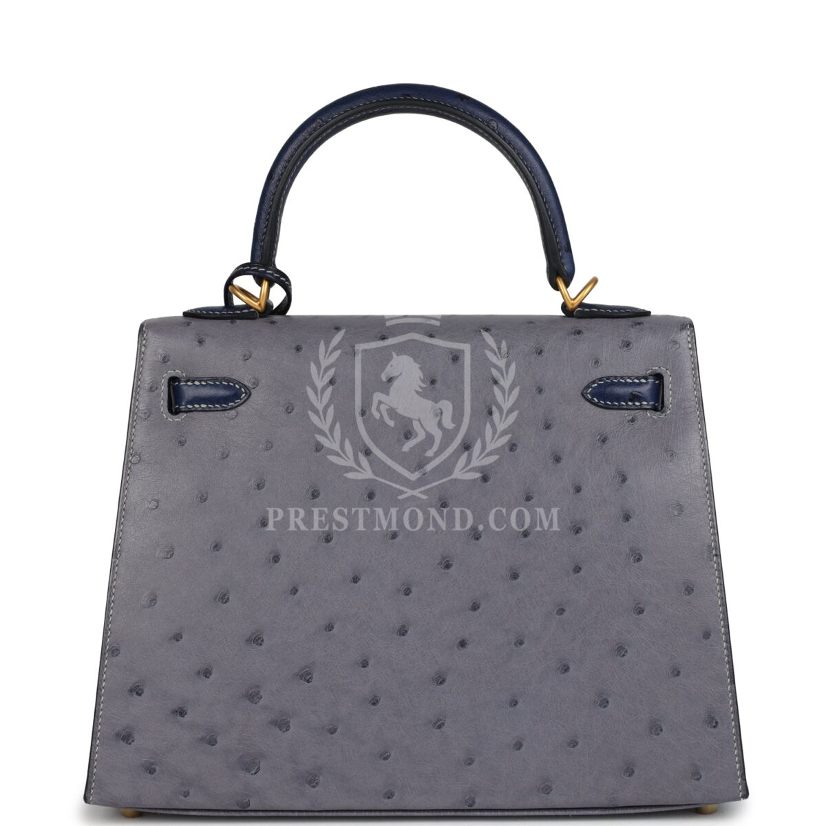 Hermes Special Order (HSS) Kelly Sellier 25 Gris Agate and Bleu Iris Ostrich Brushed GHW — изображение 4