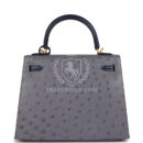 Hermes Special Order (HSS) Kelly Sellier 25 Gris Agate and Bleu Iris Ostrich Brushed GHW