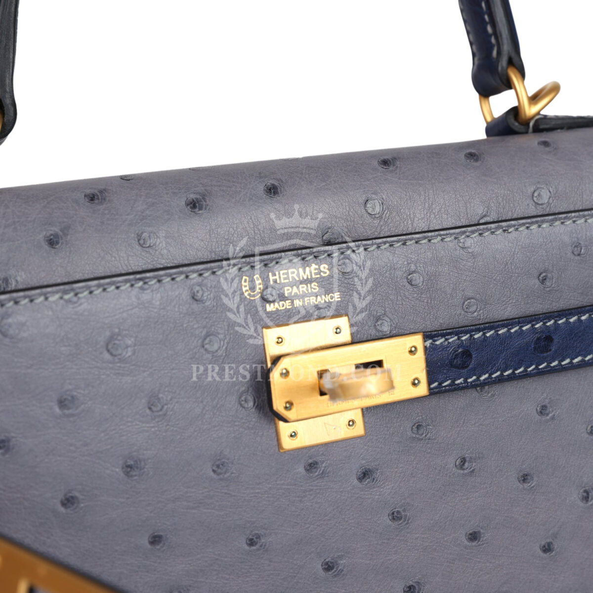 Hermes Special Order (HSS) Kelly Sellier 25 Gris Agate and Bleu Iris Ostrich Brushed GHW — изображение 7