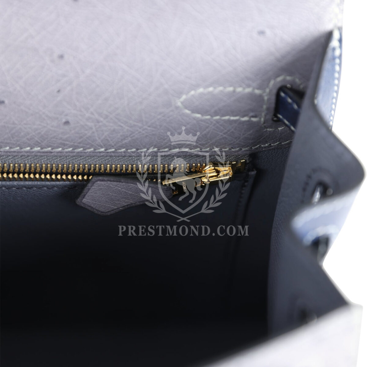 Hermes Special Order (HSS) Kelly Sellier 25 Gris Agate and Bleu Iris Ostrich Brushed GHW — изображение 9