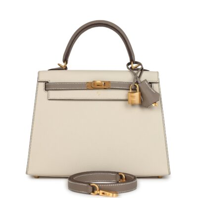 Hermes Special Order (HSS) Kelly Sellier 25 Craie and Gris Asphalte Epsom Brushed GHW