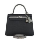 Hermes Special Order (HSS) Kelly Sellier 25 Black and Gris Mouette Epsom Brushed GHW