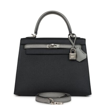 Hermes Special Order (HSS) Kelly Sellier 25 Black and Gris Mouette Epsom Brushed GHW