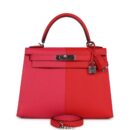 Hermes Kelly Sellier 28 Casaque Rouge De Coeur, Rose Extreme and Bleu Zanzibar Epsom PHW