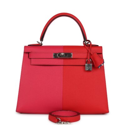 Hermes Kelly Sellier 28 Casaque Rouge De Coeur, Rose Extreme and Bleu Zanzibar Epsom PHW