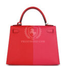 Hermes Kelly Sellier 28 Casaque Rouge De Coeur, Rose Extreme and Bleu Zanzibar Epsom PHW