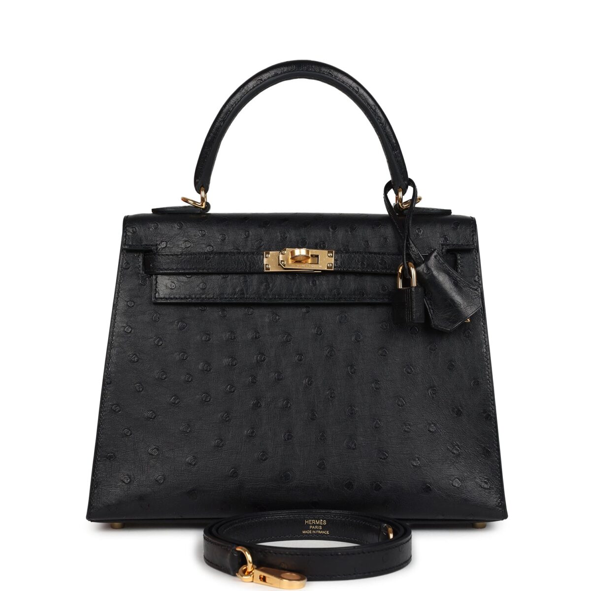 Hermes Kelly Sellier 25 Black Ostrich GHW