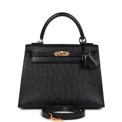 Hermes Kelly Sellier 25 Black Ostrich GHW
