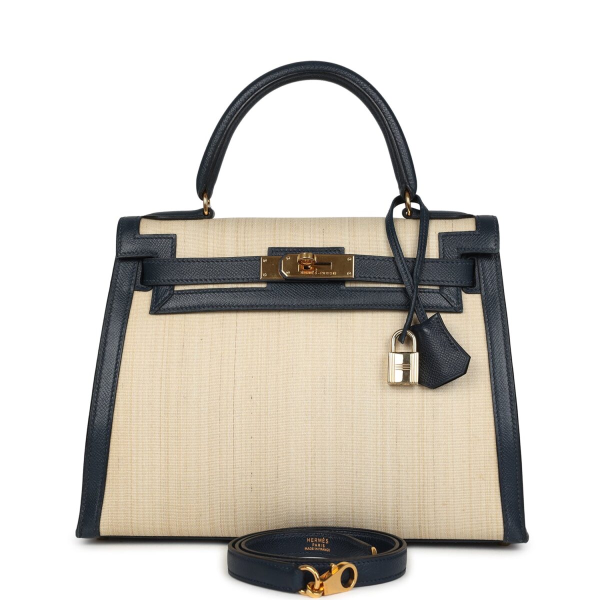Vintage Hermes Kelly Sellier 28 Bleu Marine Courchevel and Ecru Crinoline GHW