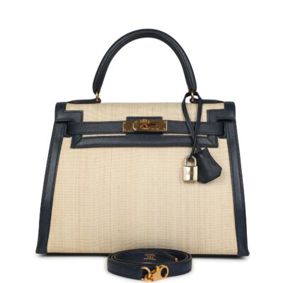 Vintage Hermes Kelly Sellier 28 Bleu Marine Courchevel and Ecru Crinoline GHW